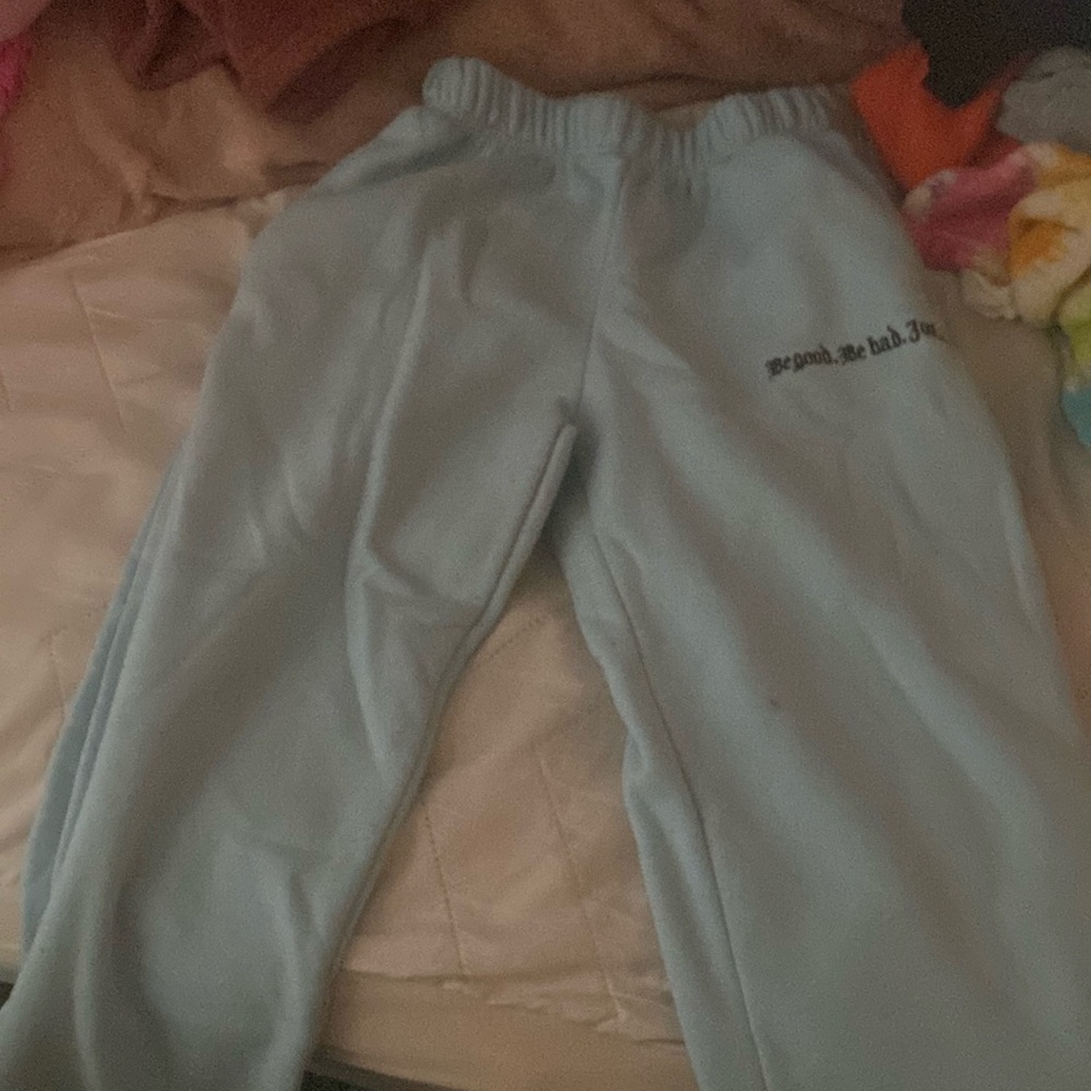 blue "be good be bad just be" sweatpants